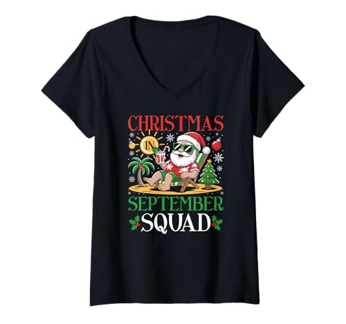 Damen Weihnachten im September Squad Hawaiian Tropical Santa T-Shirt mit V-Ausschnitt Damen Weihnachten im September Squad Hawaiian Tropical Santa T-Shirt mit V-Ausschnitt von Funny Christmas in September Gifts