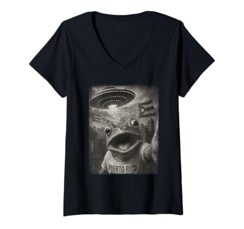 Damen Frog Selfie with Alien UFO Funny Puerto Rico Rican Flag T-Shirt mit V-Ausschnitt Damen Frog Selfie with Alien UFO Funny Puerto Rico Rican Flag T-Shirt mit V-Ausschnitt von Taino Boricua Hispanic Heritage Month Boricua