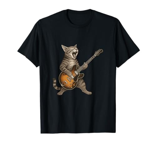Rock Cat Lustige Katze spielt Gitarre Rock für Männer Frauen Kinder T-Shirt von Funny Classic Rock Cat Graphic