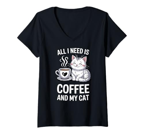 Damen Zitat Kaffee und Katze T-Shirt mit V-Ausschnitt Damen Zitat Kaffee und Katze T-Shirt mit V-Ausschnitt von Funny Coffee Cat Quote Design