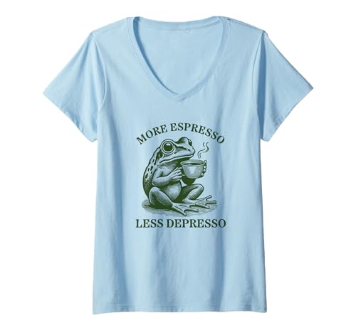Damen Mehr Espresso Weniger Depresso Frog T-Shirt mit V-Ausschnitt Damen Mehr Espresso Weniger Depresso Frog T-Shirt mit V-Ausschnitt von Funny Coffee Drinker Frog