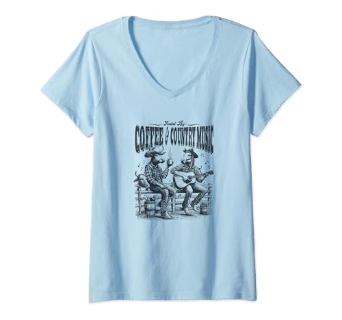 Damen Cowboy Pferd spielt Gitarre, angetrieben von Coffee & Country Music T-Shirt mit V-Ausschnitt Damen Cowboy Pferd spielt Gitarre, angetrieben von Coffee & Country Music T-Shirt mit V-Ausschnitt von Funny Coffee Quotes for Coffee Lovers