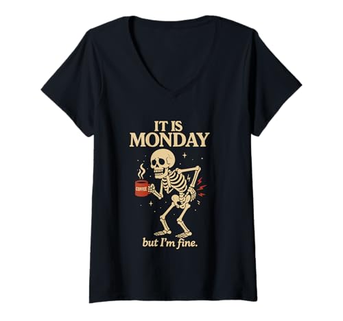 Damen Skelett Kaffee Montag Humor Design für müde Morgen T-Shirt mit V-Ausschnitt Damen Skelett Kaffee Montag Humor Design für müde Morgen T-Shirt mit V-Ausschnitt von Funny Coffee Skeleton Humor