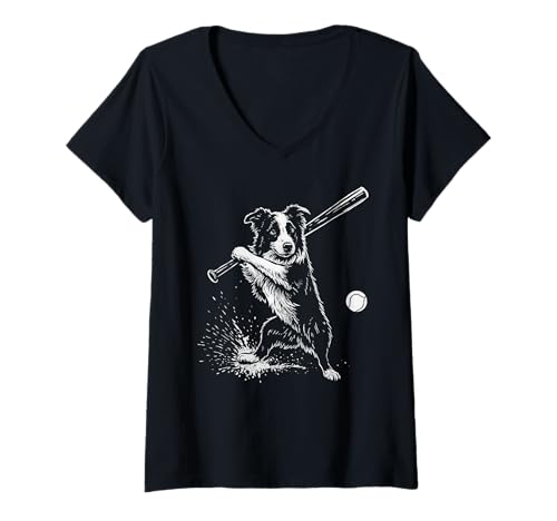 Damen Border Collie Baseball Sport Hundeliebhaber T-Shirt mit V-Ausschnitt Damen Border Collie Baseball Sport Hundeliebhaber T-Shirt mit V-Ausschnitt von Funny Collie Baseball Player Dog Designs