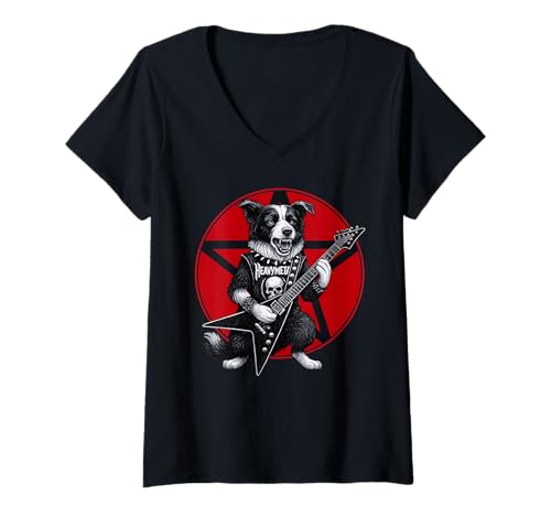 Damen Border Collie Heavy Metal-Gitarre, Rock, Hundeliebhaber T-Shirt mit V-Ausschnitt Damen Border Collie Heavy Metal-Gitarre, Rock, Hundeliebhaber T-Shirt mit V-Ausschnitt von Funny Collie Death Metal Music Dog Designs