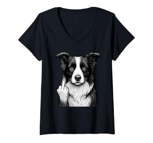 Damen Border Collie Mittelfinger sarkastischer Hundeliebhaber T-Shirt mit V-Ausschnitt Damen Border Collie Mittelfinger sarkastischer Hundeliebhaber T-Shirt mit V-Ausschnitt von Funny Collie Flipping Off Dog Designs