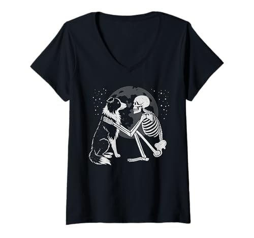 Damen Border Collie Skelett Mond Halloween Hundeliebhaber T-Shirt mit V-Ausschnitt Damen Border Collie Skelett Mond Halloween Hundeliebhaber T-Shirt mit V-Ausschnitt von Funny Collie Gothic Dog Designs