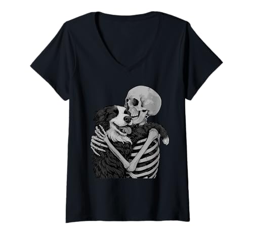 Damen Border Collie Skelett Umarmung Halloween Hundeliebhaber T-Shirt mit V-Ausschnitt Damen Border Collie Skelett Umarmung Halloween Hundeliebhaber T-Shirt mit V-Ausschnitt von Funny Collie Gothic Dog Designs