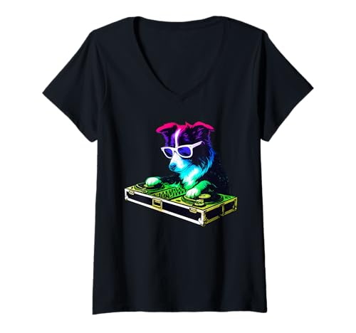 Damen Border Collie DJ Musik Party Hundeliebhaber T-Shirt mit V-Ausschnitt Damen Border Collie DJ Musik Party Hundeliebhaber T-Shirt mit V-Ausschnitt von Funny Collie House Music Dog Designs