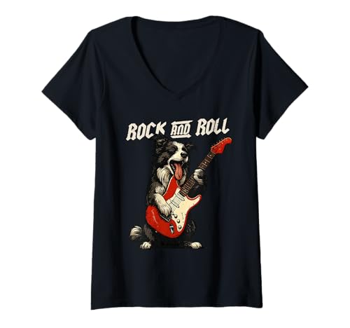 Damen Border Collie spielt Gitarre Rock and Roll Dog Lover T-Shirt mit V-Ausschnitt Damen Border Collie spielt Gitarre Rock and Roll Dog Lover T-Shirt mit V-Ausschnitt von Funny Collie Rock Music Dog Designs