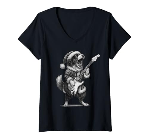 Damen Border Collie spielt Gitarre Weihnachten Hundeliebhaber T-Shirt mit V-Ausschnitt Damen Border Collie spielt Gitarre Weihnachten Hundeliebhaber T-Shirt mit V-Ausschnitt von Funny Collie Rock Music Dog Designs