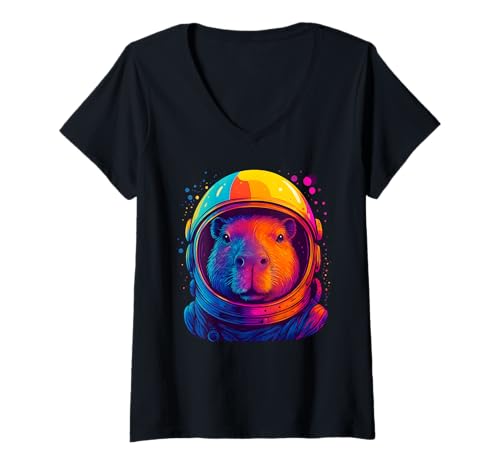 Damen Space Capybara Buntes Astronauten-Capy, Herren, Damen, Kinder T-Shirt mit V-Ausschnitt Damen Space Capybara Buntes Astronauten-Capy, Herren, Damen, Kinder T-Shirt mit V-Ausschnitt von Funny Colorful Astronaut Capybara Animal Apparel