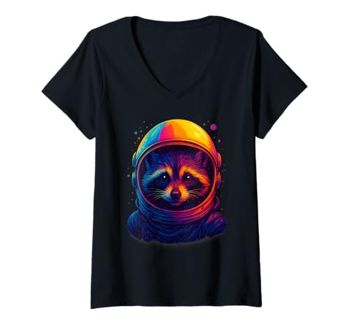 Damen Space Waschbär Bunt Astronaut Weltraum Männer Frauen Kinder T-Shirt mit V-Ausschnitt Damen Space Waschbär Bunt Astronaut Weltraum Männer Frauen Kinder T-Shirt mit V-Ausschnitt von Funny Colorful Astronaut Raccoon Animal Apparel