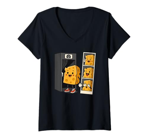 Damen Photobooth Cheesy Joke Essen Humor Kawaii Pun Say Cheese T-Shirt mit V-Ausschnitt Damen Photobooth Cheesy Joke Essen Humor Kawaii Pun Say Cheese T-Shirt mit V-Ausschnitt von Funny Comic Strip Meme Snack Character Faces