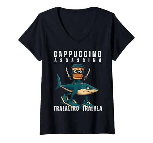 Damen Cappuccino Assassino Tralalero Tralala Italienisches Brainrot Meme T-Shirt mit V-Ausschnitt Damen Cappuccino Assassino Tralalero Tralala Italienisches Brainrot Meme T-Shirt mit V-Ausschnitt von Funny Compilation Italian Brainrot Meme Men Boys