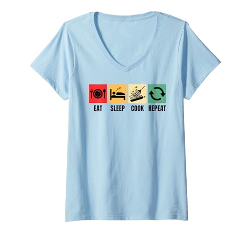 Damen Essen, schlafen, Kochen, das Kochen wiederholen T-Shirt mit V-Ausschnitt Damen Essen, schlafen, Kochen, das Kochen wiederholen T-Shirt mit V-Ausschnitt von Funny Cooking Quote Cook Humor