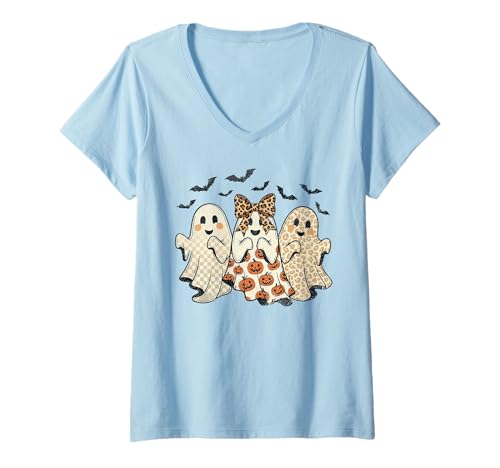 Damen Preppy Halloween-Leopard, niedliches Geister-Trio, Retro-Ästhetik T-Shirt mit V-Ausschnitt Damen Preppy Halloween-Leopard, niedliches Geister-Trio, Retro-Ästhetik T-Shirt mit V-Ausschnitt von Funny Coquette Spooky Retro Vibes Co.