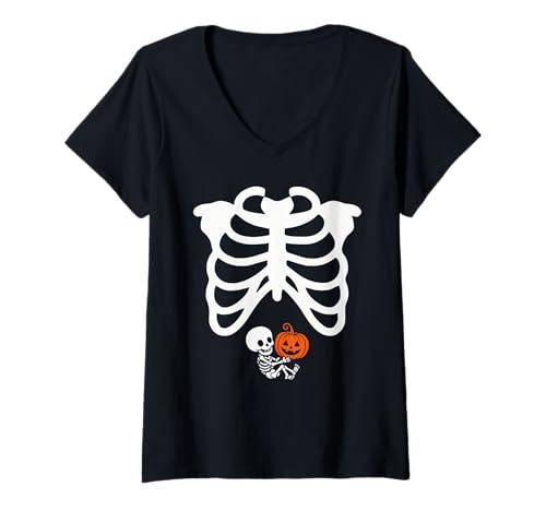 Damen Halloween Lustiges Kostüm Schwangere Frau Kürbis Rippenkäfig T-Shirt mit V-Ausschnitt Damen Halloween Lustiges Kostüm Schwangere Frau Kürbis Rippenkäfig T-Shirt mit V-Ausschnitt von Funny Costume Halloween Pregnant Woman Pumpkin