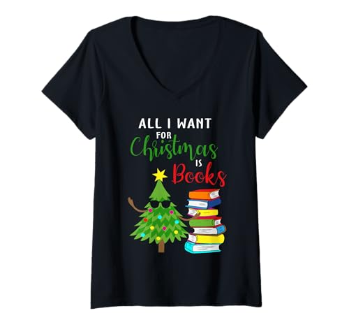 Damen All I Want for Christmas is Books Weihnachtsbaum T-Shirt mit V-Ausschnitt von Funny Costumes for Celebrating Christmas