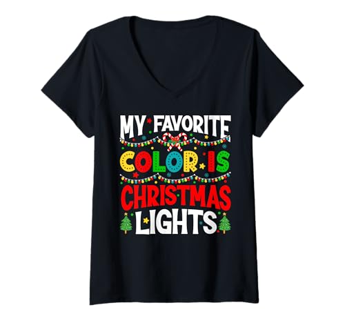 Damen Meine Lieblingsfarbe ist Christmas Lights Festive Holiday T-Shirt mit V-Ausschnitt Damen Meine Lieblingsfarbe ist Christmas Lights Festive Holiday T-Shirt mit V-Ausschnitt von Funny Costumes for Celebrating Christmas