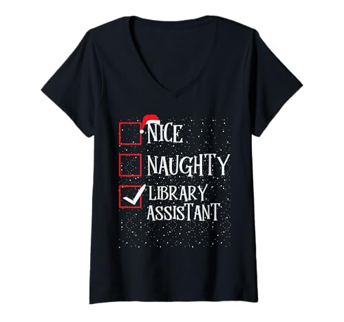 Damen Naughty Nice Library Assistant – Weihnachtsliste Pyjama T-Shirt mit V-Ausschnitt von Funny Costumes for Celebrating Christmas