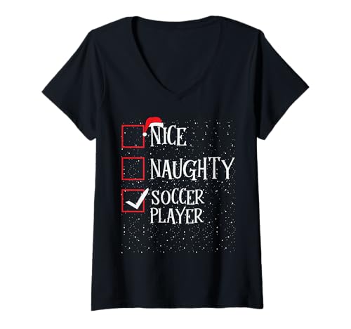 Damen Naughty Nice Soccer Player - Cute Christmas List Pyjama T-Shirt mit V-Ausschnitt von Funny Costumes for Celebrating Christmas