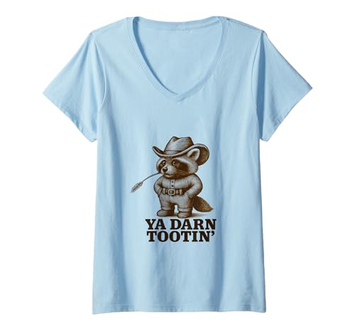 Damen Niedlicher Cowboy-Waschbär Ya Darn Tootin Country Western T-Shirt mit V-Ausschnitt Damen Niedlicher Cowboy-Waschbär Ya Darn Tootin Country Western T-Shirt mit V-Ausschnitt von Funny Country Gifts