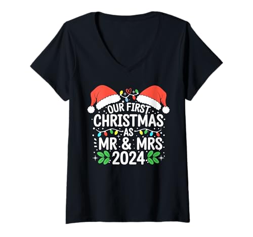 Damen Paar Unser erstes Weihnachtsfest als Herr und Frau 2024 verheiratet T-Shirt mit V-Ausschnitt Damen Paar Unser erstes Weihnachtsfest als Herr und Frau 2024 verheiratet T-Shirt mit V-Ausschnitt von Funny Couple Married Christmas Design