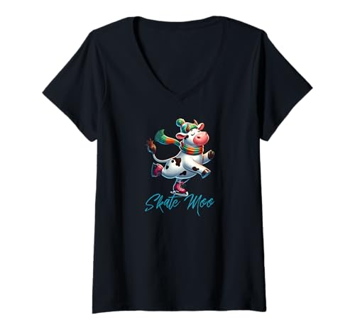 Damen Kuh auf EIS Eislaufen Winter Cartoon T-Shirt mit V-Ausschnitt Damen Kuh auf EIS Eislaufen Winter Cartoon T-Shirt mit V-Ausschnitt von Funny Cow Ice Skating Winter Cartoon