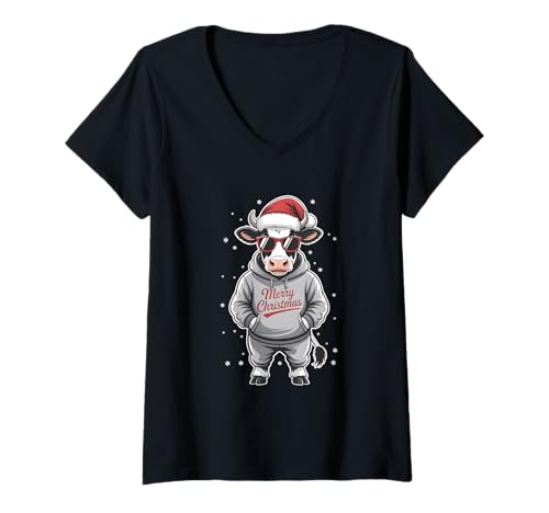 Damen Weihnachtsmann Kuh Weihnachten T-Shirt mit V-Ausschnitt Damen Weihnachtsmann Kuh Weihnachten T-Shirt mit V-Ausschnitt von Funny Cow Santa Christmas Style