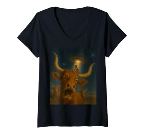 Damen Lustiges Kuh-Abduktions-Selfie mit Alien-Kuh, UFO-Abduktionsmeme T-Shirt mit V-Ausschnitt Damen Lustiges Kuh-Abduktions-Selfie mit Alien-Kuh, UFO-Abduktionsmeme T-Shirt mit V-Ausschnitt von Funny Cow Shirt