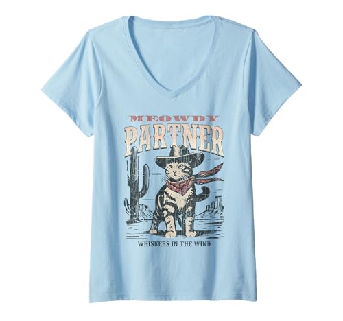Damen Meowdy Partner Cowboy Katze Vintage T-Shirt mit V-Ausschnitt Damen Meowdy Partner Cowboy Katze Vintage T-Shirt mit V-Ausschnitt von Funny Cowboy Cat Meowdy Partner