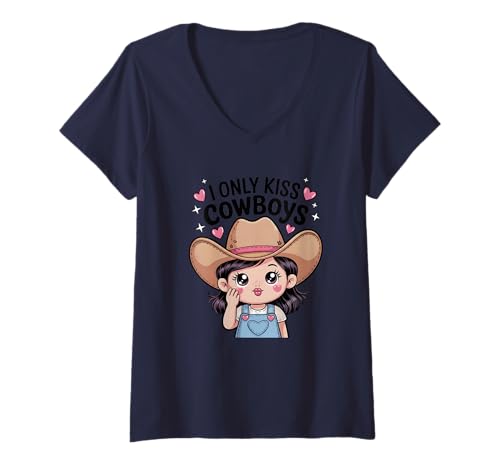 Damen Lustiges süßes Kawaii I Only Kiss Cowboys T-Shirt mit V-Ausschnitt Damen Lustiges süßes Kawaii I Only Kiss Cowboys T-Shirt mit V-Ausschnitt von Funny Cowboys Saying