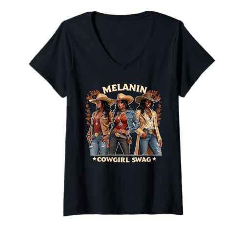 Damen Cowgirl für Damen, afrikanisches T-Shirt, Melanin, Kuh, Mädchen, Outfit T-Shirt mit V-Ausschnitt von Funny Cowgirl Women Melanin Cow Girl Outfit