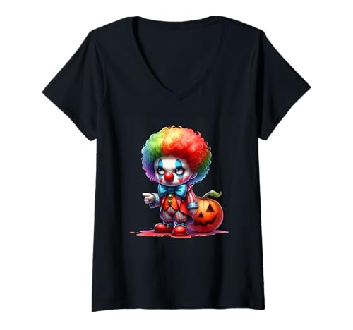 Damen Bunter Clown mit Kürbis Halloween Design T-Shirt mit V-Ausschnitt Damen Bunter Clown mit Kürbis Halloween Design T-Shirt mit V-Ausschnitt von Funny Creepy Clown Halloween Vibes