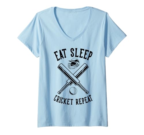 Damen Eat Sleep Cricket Repeat Schläger-Cricket T-Shirt mit V-Ausschnitt Damen Eat Sleep Cricket Repeat Schläger-Cricket T-Shirt mit V-Ausschnitt von Funny Cricket Apparel & Gifts for Cricket Players