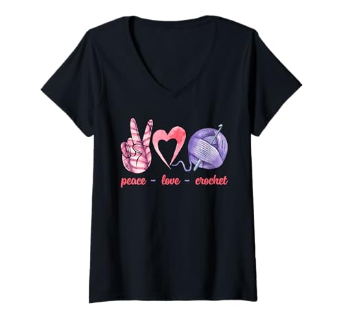Damen Peace Love Crochet Funny Crochet Lover T-Shirt mit V-Ausschnitt Damen Peace Love Crochet Funny Crochet Lover T-Shirt mit V-Ausschnitt von Funny Crochet Gift Idea