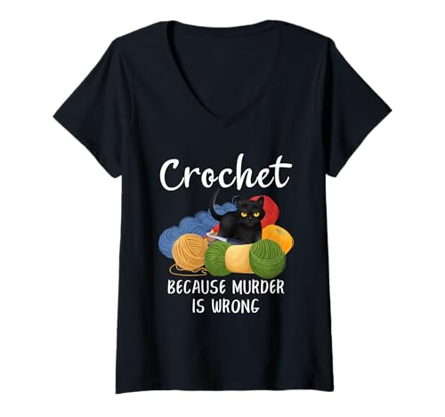 Damen Crochet Because Murder is Wrong Garn Schwarze Katze Häkeln T-Shirt mit V-Ausschnitt Damen Crochet Because Murder is Wrong Garn Schwarze Katze Häkeln T-Shirt mit V-Ausschnitt von Funny Crocheting And Yarn Gift Co
