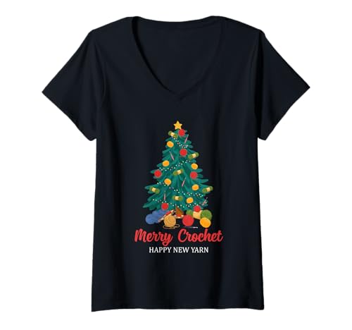 Damen Lustiges Häkelgarn mit Weihnachtsmotiv T-Shirt mit V-Ausschnitt von Funny Crocheting And Yarn Gift Co