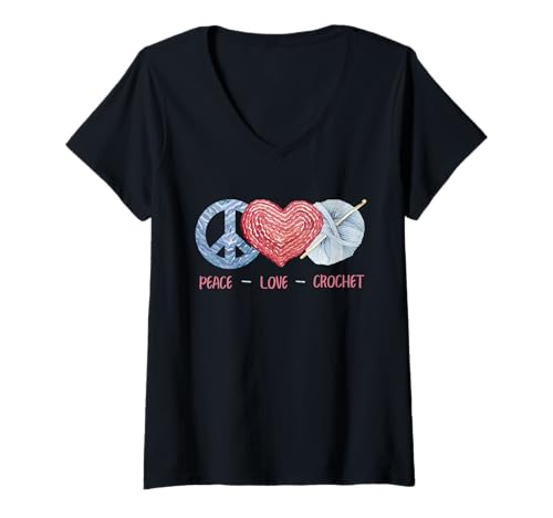 Damen Peace Love Crochet Funny Crochet Lover T-Shirt mit V-Ausschnitt von Funny Crocheting And Yarn Gift Co
