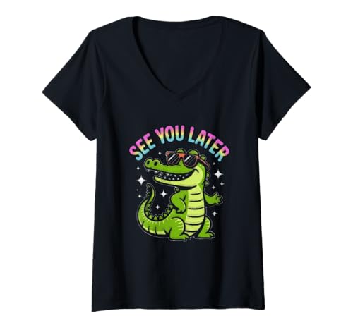 Damen See You Later Lustige Krokodil-Sonnenbrille T-Shirt mit V-Ausschnitt Damen See You Later Lustige Krokodil-Sonnenbrille T-Shirt mit V-Ausschnitt von Funny Crocodile Humor Phrase Cool Sunglasses