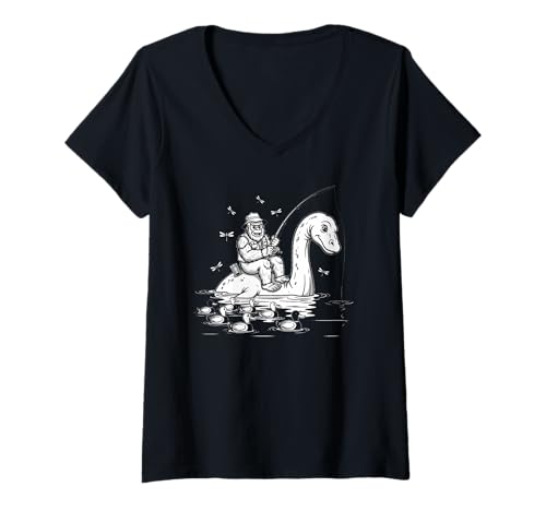 Damen Bigfoot Angelloch Ness Monster Lustiges See-Design T-Shirt mit V-Ausschnitt Damen Bigfoot Angelloch Ness Monster Lustiges See-Design T-Shirt mit V-Ausschnitt von Funny Cryptid Fishing Nessie Lake Adventure Tees
