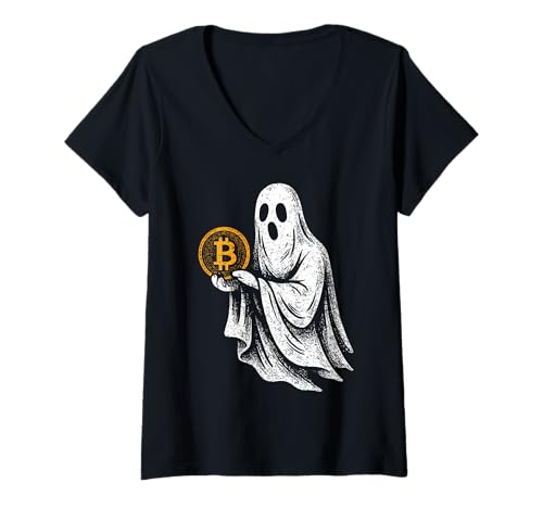 Damen Vintage Bitcoin Ghost Cryptocurrency Trader Crypto T-Shirt mit V-Ausschnitt von Funny Cryptocurrency Trading Ghost Bitcoin Design