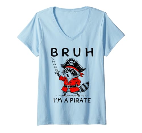 Damen Bruh I'm A Pirate Lustiger Waschbär Halloween oder Geburtstagsparty T-Shirt mit V-Ausschnitt von Funny Cute Animal Lazy Halloween Matching Costume