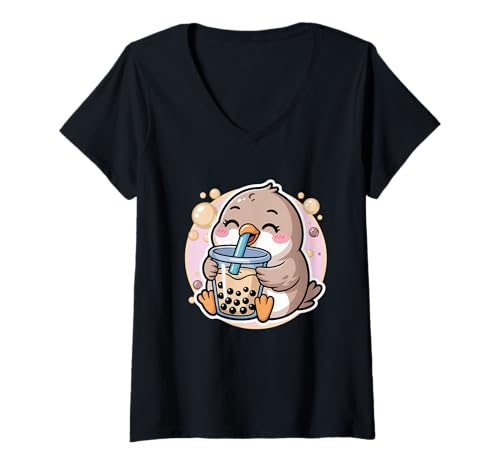 Damen Bird Boba Tea Bubble Tea Anime Kawaii T-Shirt mit V-Ausschnitt Damen Bird Boba Tea Bubble Tea Anime Kawaii T-Shirt mit V-Ausschnitt von Funny Cute Bubble Tea Bird Kawaii Drink Art Lovers