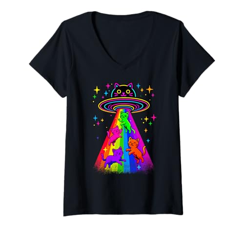 Damen Katze UFO Cute Kitty Alien Raumschiff Lustige Katze Geschenke T-Shirt mit V-Ausschnitt Damen Katze UFO Cute Kitty Alien Raumschiff Lustige Katze Geschenke T-Shirt mit V-Ausschnitt von Funny Cute Cat Alien Kitty Space UFO Store Co.