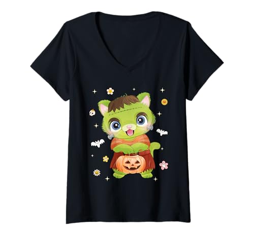 Damen Men Women Kids Groovy Retro Pumpkin Cat Spooky Halloween T-Shirt mit V-Ausschnitt Damen Men Women Kids Groovy Retro Pumpkin Cat Spooky Halloween T-Shirt mit V-Ausschnitt von Funny Cute Cat Boo Halloween Costume Animals Lover