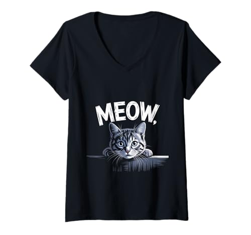 Damen Lustiges Schild mit niedlichem Katzenmotiv „Meow Cat Lover“ T-Shirt mit V-Ausschnitt Damen Lustiges Schild mit niedlichem Katzenmotiv „Meow Cat Lover“ T-Shirt mit V-Ausschnitt von Funny Cute Cat Meme Cute Cat Shirt Cute Cat Shirts