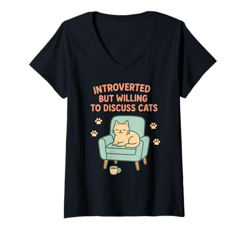 Damen Introvertiert But Willing to Discuss Cats Funny Cat Lover Fun T-Shirt mit V-Ausschnitt von Funny Cute Cat Pet Animal Lover Love Cats Clothing