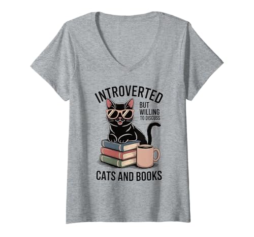 Damen Introvertierte Katzen-Lesebücher Kaffee Humor Buch & Tierliebhaber T-Shirt mit V-Ausschnitt von Funny Cute Cat Pet Animal Lover Love Cats Clothing